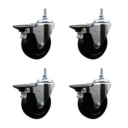 Service Caster 4 Inch Soft Rubber 38 Inch Threaded Stem Caster Set with Brake SCC-TS20S414-SRS-PLB-381615-4